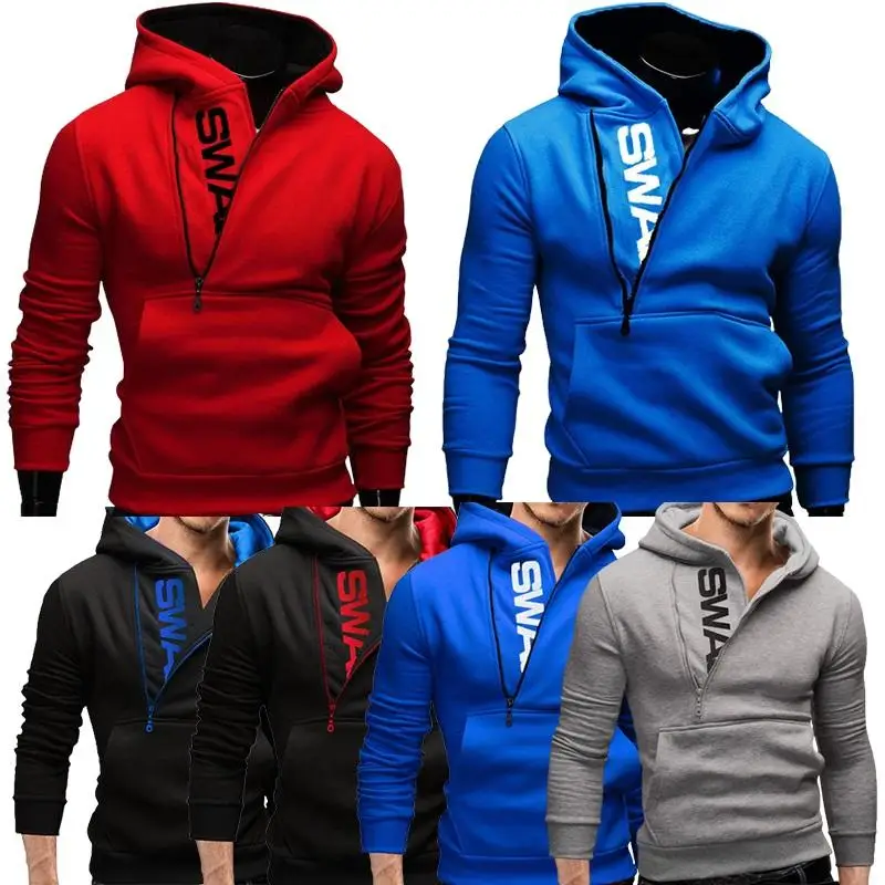 

Sports Men Plus Size Slant Zipper Letter Hoodies Long Sleeve Hooded Sweatshirt Slim Warm Outdoor Windproof Streetwear Xmas Gift
