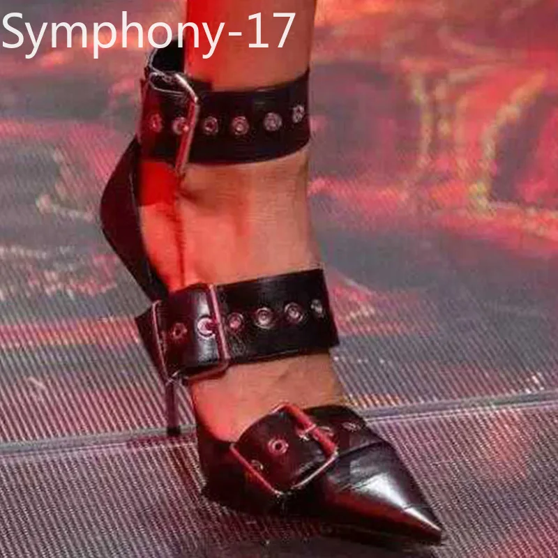 

Symphony-17 2022 Pointed Toe Rivet Belt Buckle Stiletto Black Sandals women's summer high heels stiletto metal buckle roman sexy