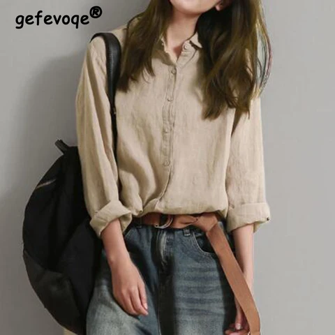 Spring Autumn New Fashion Solid Cotton Linen Casual Shirt Women Polo-neck Elegant Button Up Blouse Oversized Top Cardigan Blusa