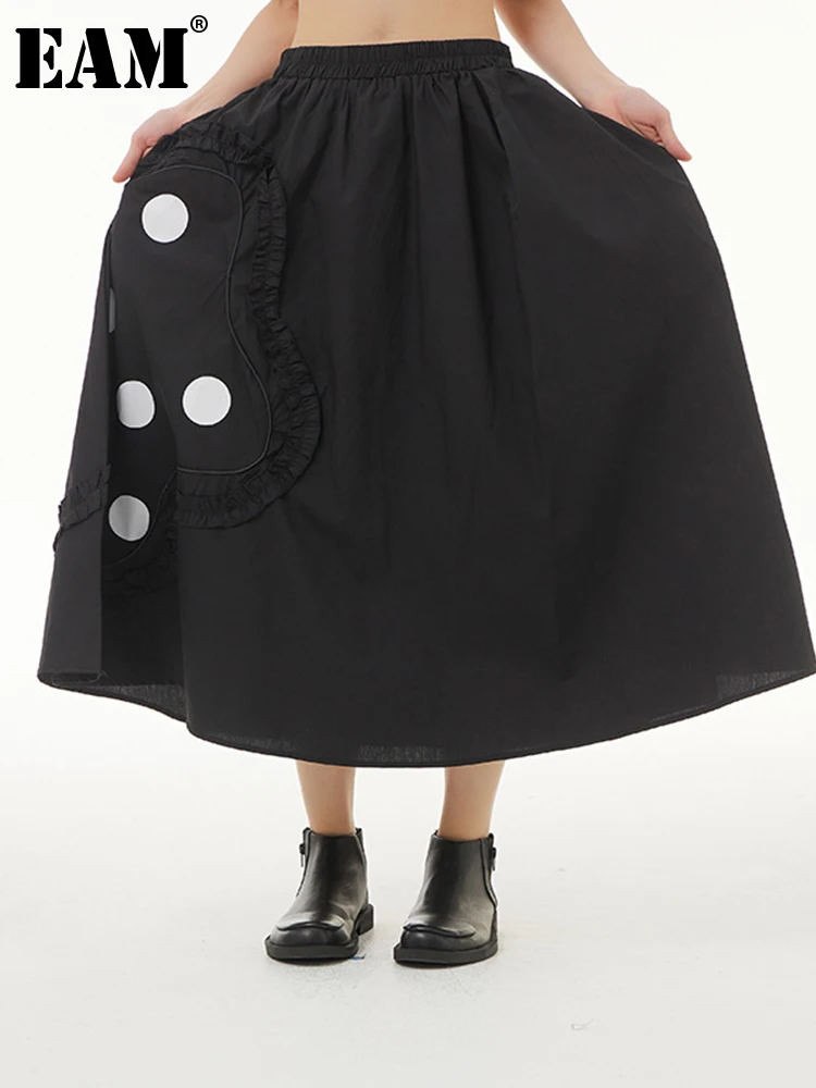 

[EAM] High Elastic Waist Black Dot Printed Ruffles Long Half-body Skirt Women Fashion Tide New Spring Autumn 2022 1DE7392