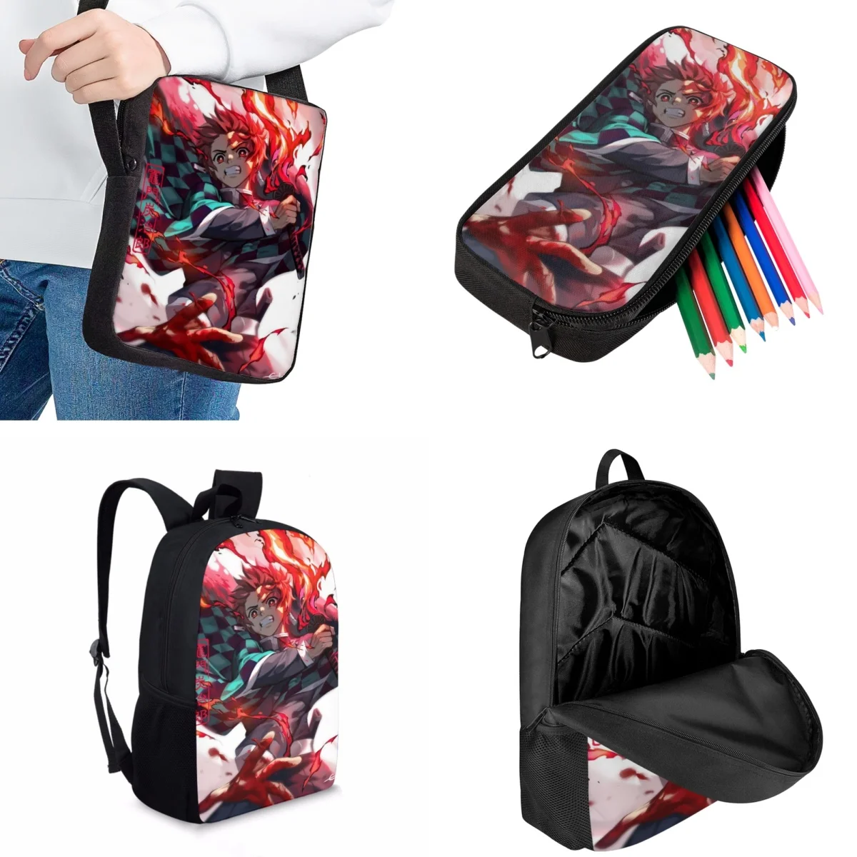 Jackherelook Teenagers Fashion School Bags Set Japanese Anime Tanjirou Kamado Hot Blood Trendy Childrens Bookbags Casual Mochila