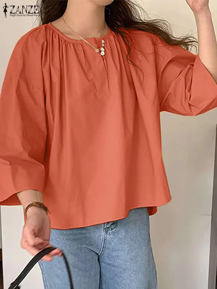 

ZANZEA Fashion Women O Neck 3/4 Sleeve Blouse Summer Elegant Solid Party Shirt Casual Blusas Chemise Autumn Loose Holiday Tops