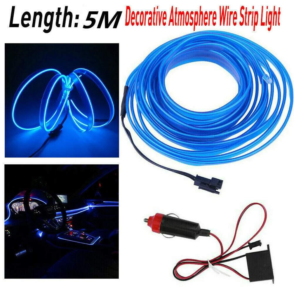

5M Auto Car Atmosphere Light EL Luminous Wire Decor Lamp With Edge Cold Mood Light Blue Car Interior Accessories