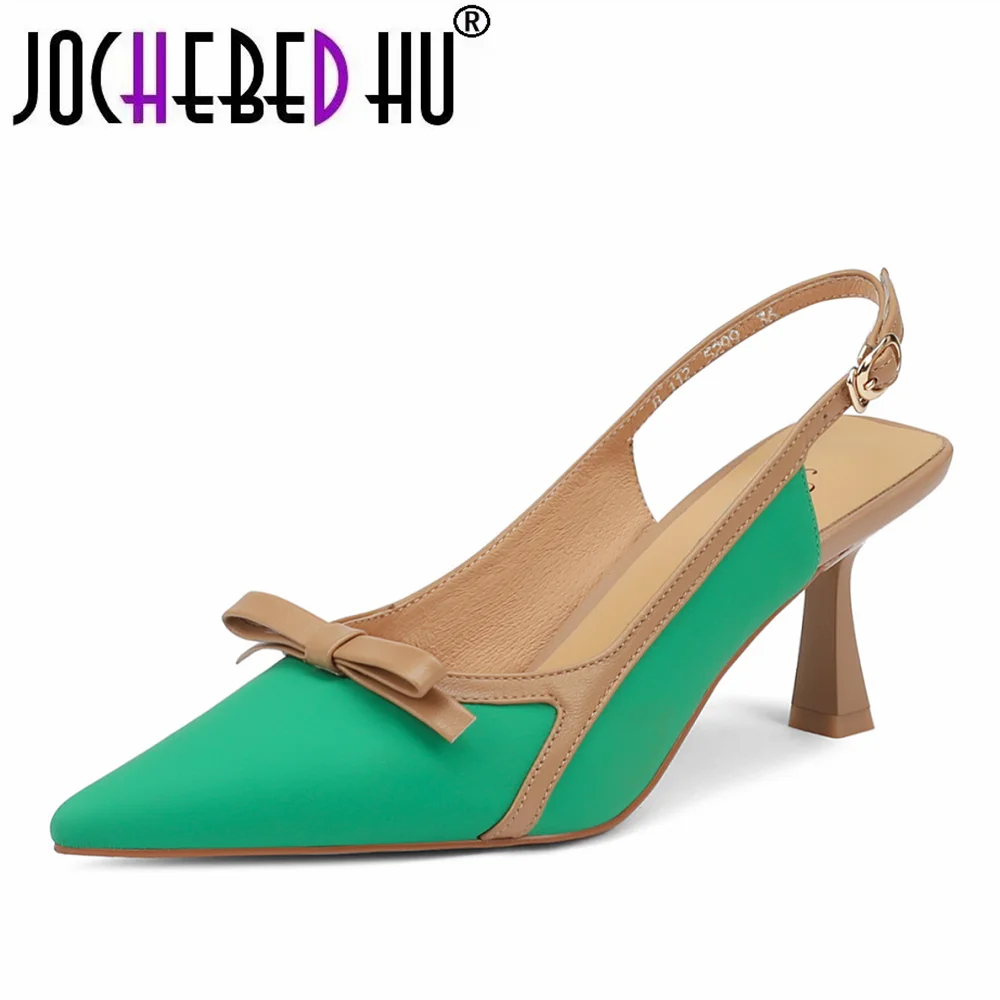 

【JOCHEBED HU】Genuine leather Summer silk Butterfly-knot high-heel sandals leather lining pointed toe women sexy nightclub shoes