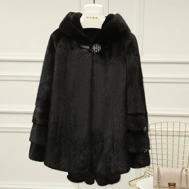 

New 2023 Winter Whole Mink Fur Mid-Length Hooded Real Marten Overcoats Coat