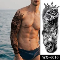 full arm lion crown waterproof temporary tattoo sticker black tiger skull gear fragments fake tattoos flash tatoos body art men