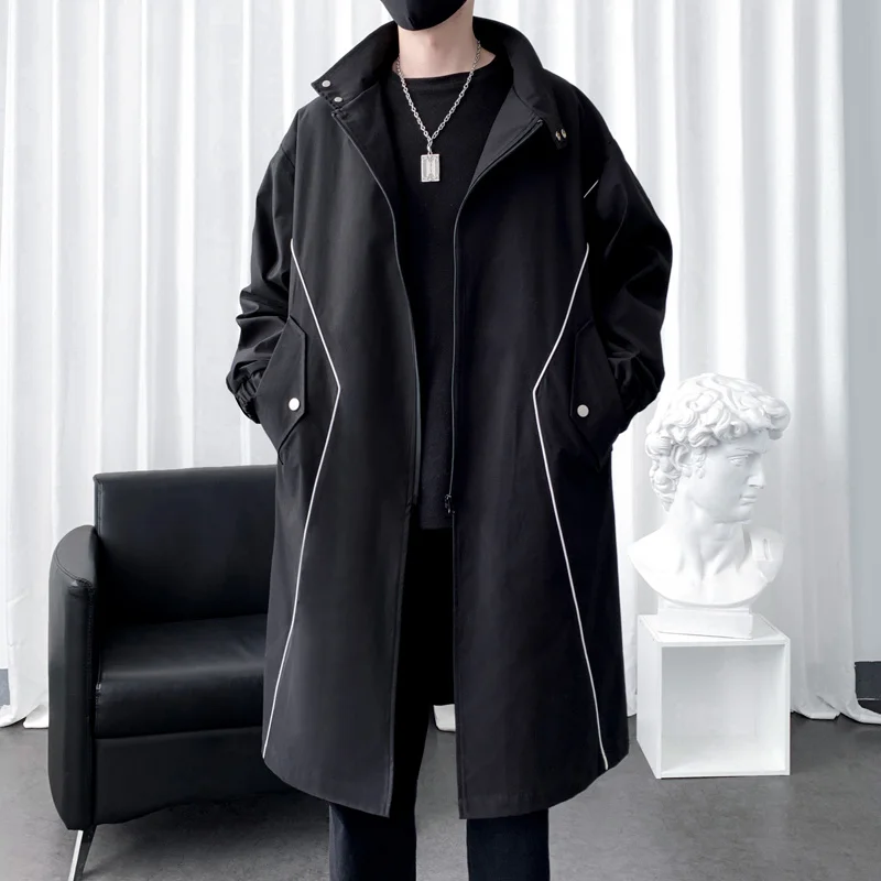 

New Long Youth Trench Solid Color Stand Collar Pockets Length Plus Autumn Fashion Breathable Windproof Classical Jackets Coat