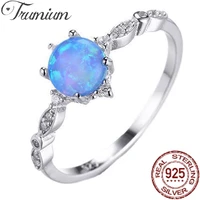trumium real s925 sterling silver ring round blue opal rings for women zircon cz wedding bands engagement ring fine jewelry