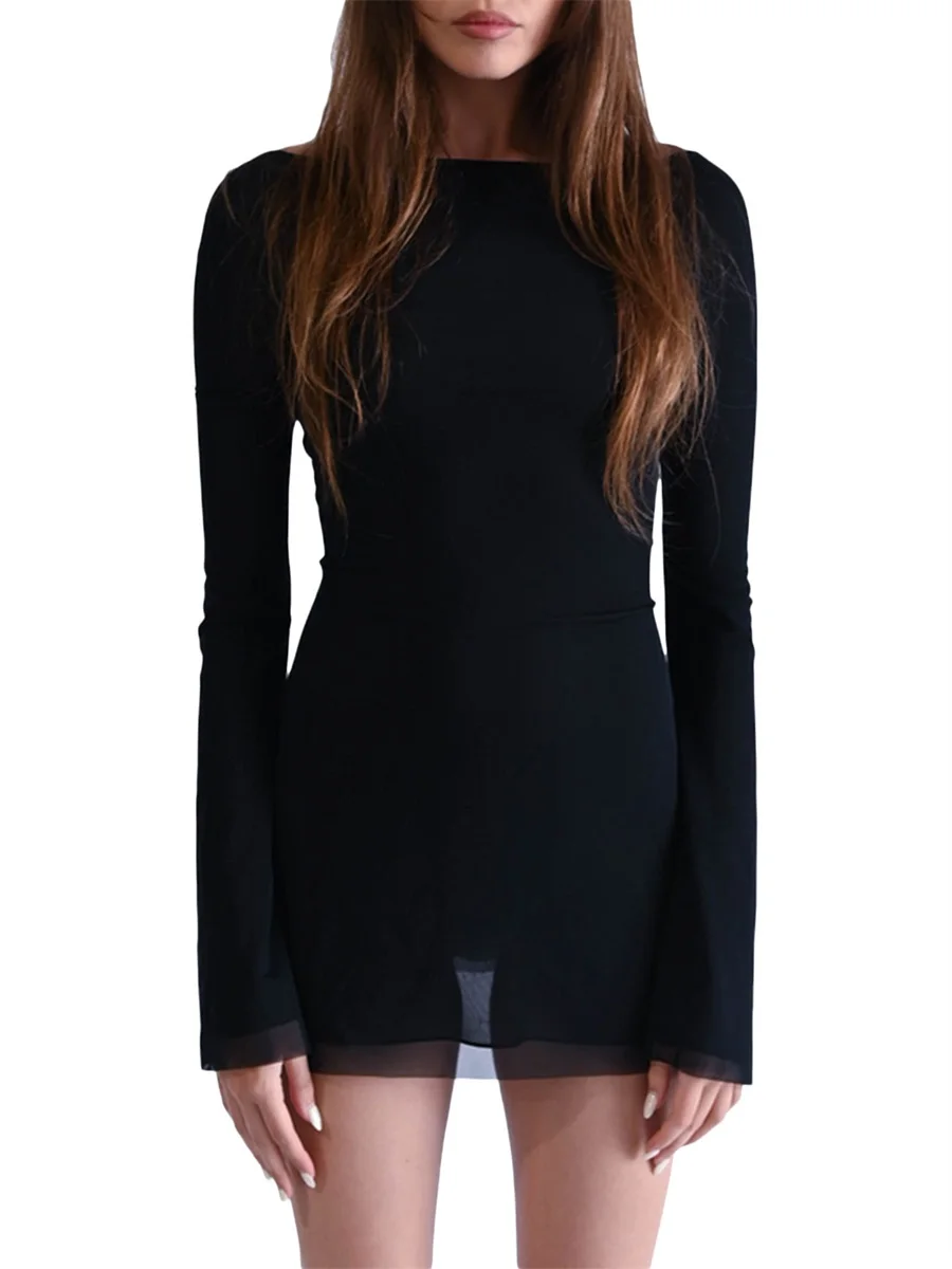 

Women Black Mini Dress Long Sleeve Sexy Bodycon Dresses Cocktail Party Club Short Y2K Open Back