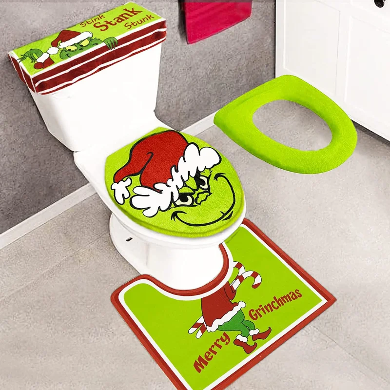 

4PCS Grinch Christmas bathroom decoration Green toilet cushion foot cushion water tank decoration cover home decoration