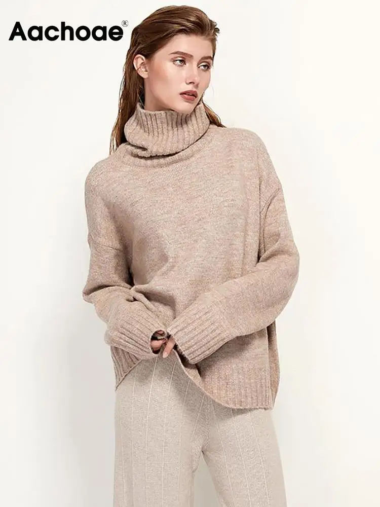 Aachoae Autumn Winter Women Knitted Turtleneck Wool Sweaters 2022 Casual Basic Pullover Jumper Batwing Long Sleeve Loose Tops