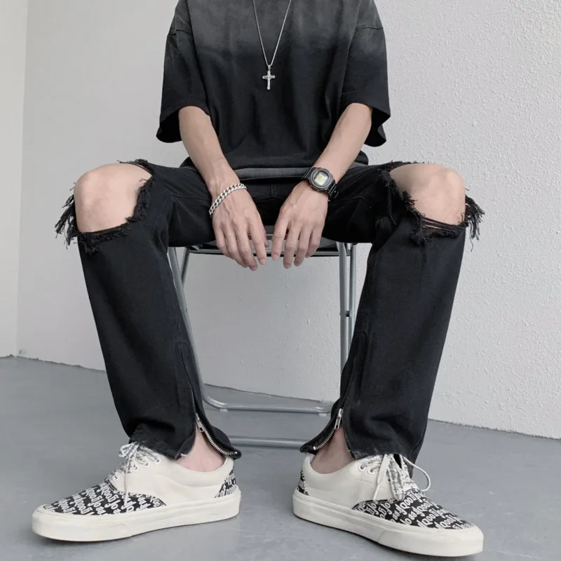 Summer Blue Black Ripped Jeans Men Fashion Casual Straight Jeans Men Streetwear Loose Hip Hop Hole Denim Pants Mens Trousers