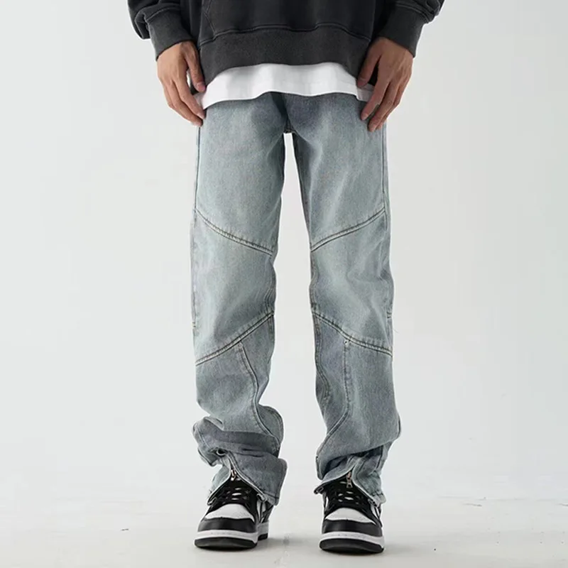 Blue Jeans American Designer Style High Street Trouser Leg Zipper Stitching  Men Hiphop Loose Straight  Trend