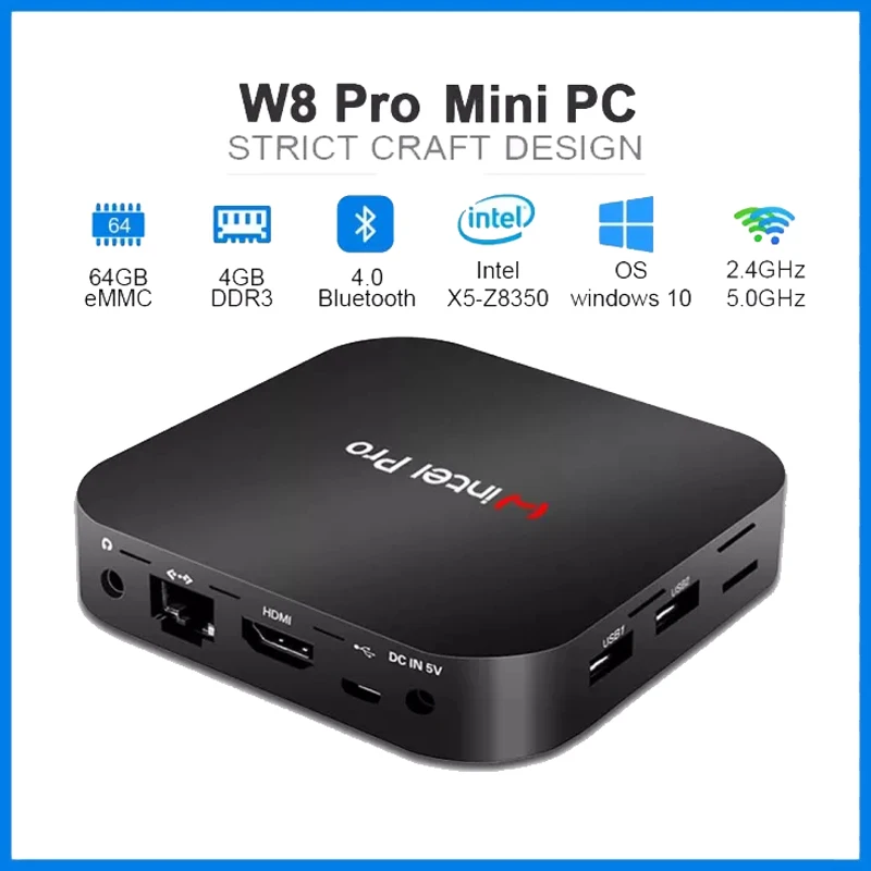 

T8/W8 Quard Core Windows 10 Mini PC Intel Atom X5-Z8350 2.0GHZ DDR4 4GB 64GB SSD Wifi Desktop Small Computer VS T4 Pro Pocket PC