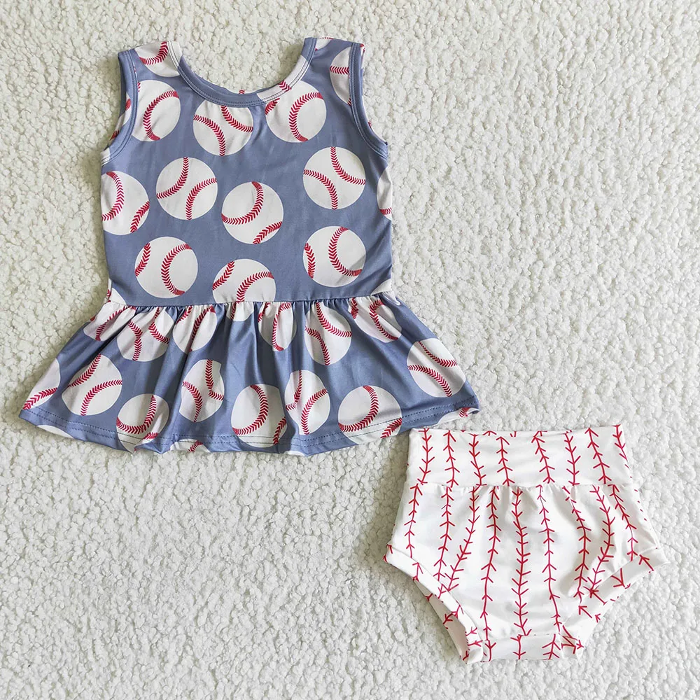 

Softball Print Sleeveless Dress Tunic Top Match Cute Bummies Baby Girls Bummie Set