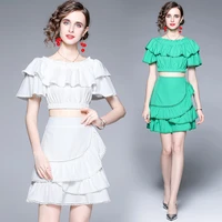 2022 womens summer new one shoulder short sleeve strapless top a line skirt layered ruffle edge fashion show two piece set