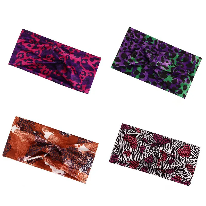 

Hot Selling Women Printed Headband Stretch Cross Vintage Leopard Print Wide Bracelet Knotted Sports Headband