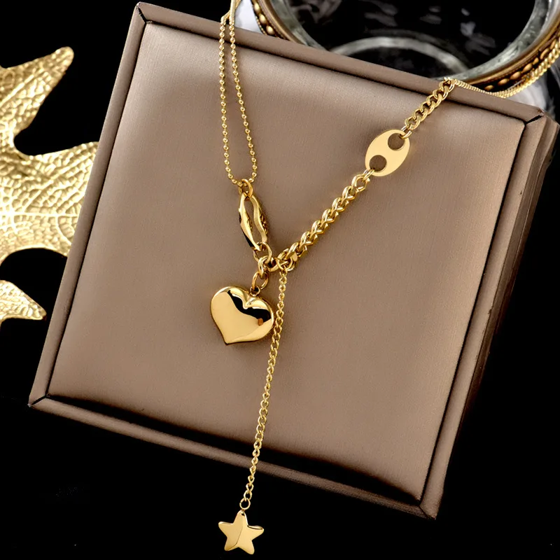 

Titanium Steel Japanese And Korean Temperament Necklace For Women Light luxury Star Tassel Peach Heart Pendants Clavicle Chain