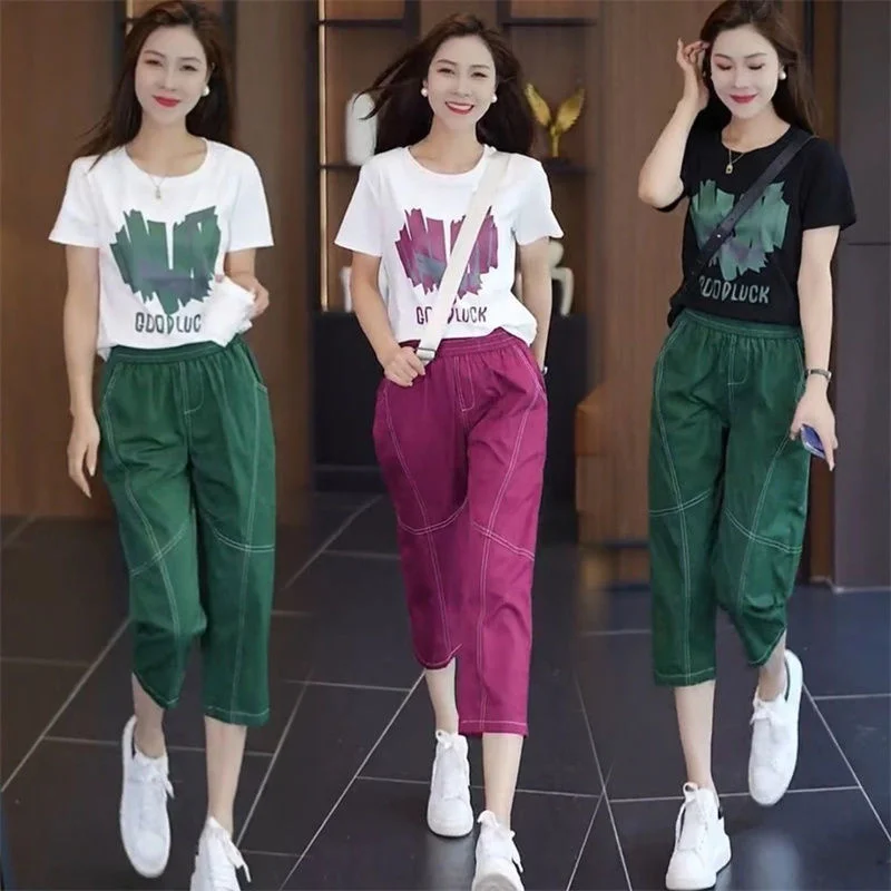 Women's Casual Suit 2023 Summer New Loose Fashion Meat Covered Round Neck T-shirt Harun Capri Pants 2 Two Piece Set For Women