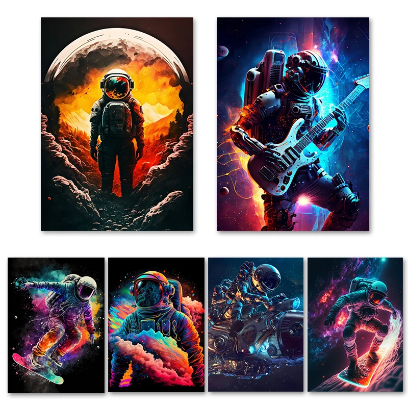 

Abstract Pop Art Playing Guitar Skateboarding Astronauts Posters and Prints Canvas Painting Space Astronauts Wall Art Pictures