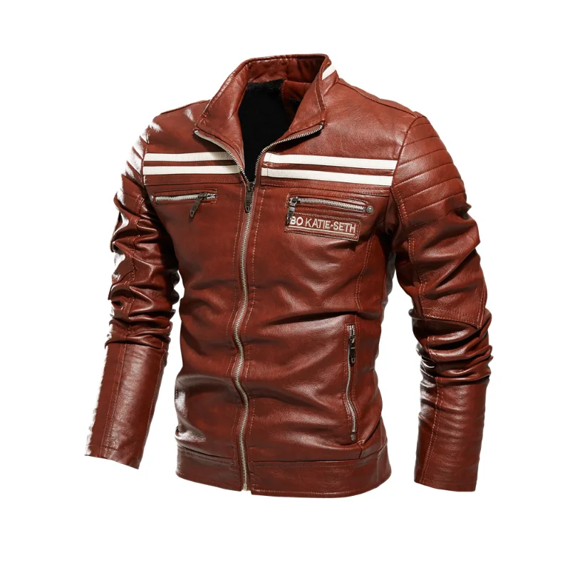 

Autumn and Winter New Men's Motorcycle Leather Jacket Stand Collar Retro Style Men's Leather Coat Fleece for Warmth PU Jackets