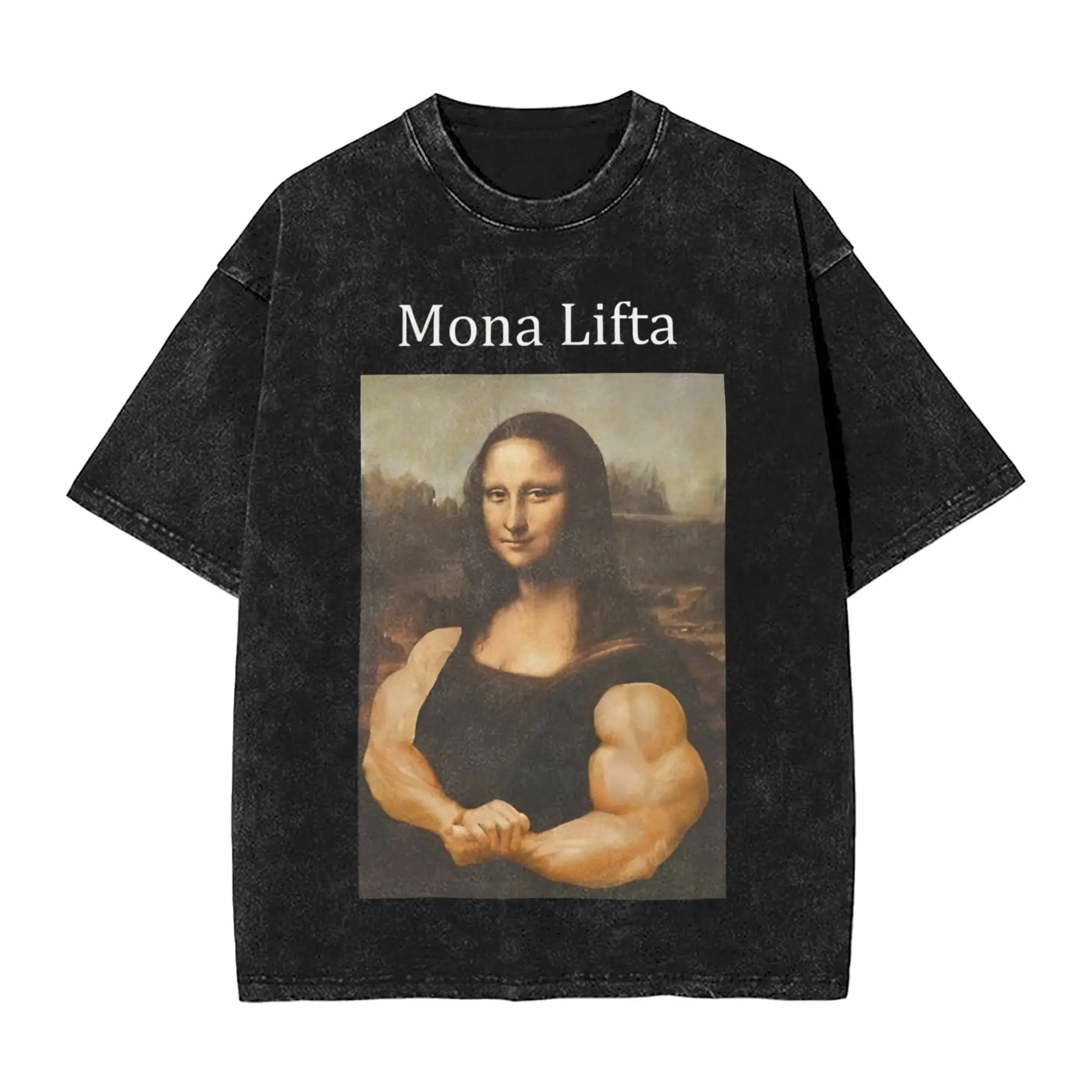Фото Футболки La Gioconda Mona Lisa Gym Lover, хип-хоп футболки из выстиранного хлопка в стиле Харадзюку, винтажные футболки для мужчин и женщин, уличная одежда, летние футболки №3