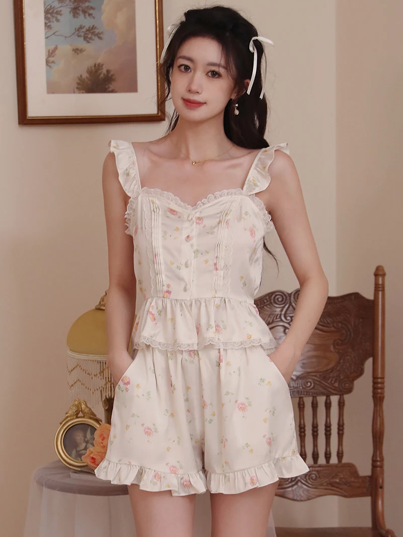 Women Summer Sweet Girl Sleeveless Silk Pajama Two Piece Set Loose French Print Ruffles Homewear Victorian Night Loungewear