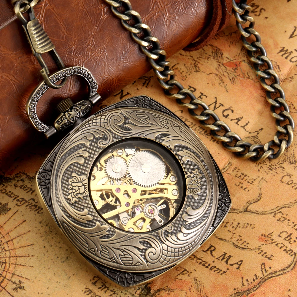 Open Face Square Bronze Mechanical Pocket Watch Fob Chain Manual Mechanism Pendant  Exquisite Vintage Antique Timepiece Male