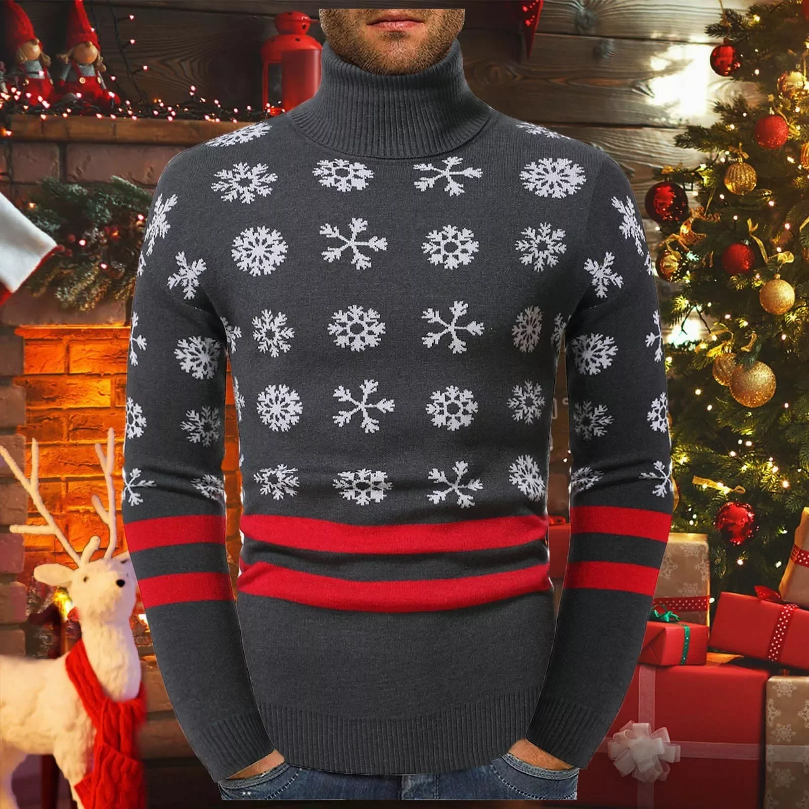 

NEW IN Men's European And American Sweaters Top Winter Christmas Snowflake Turtleneck Pullover Bottoming Warm Sweaters