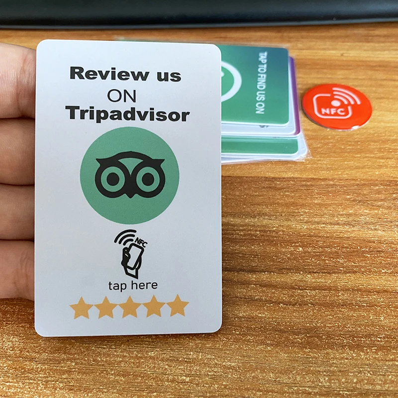 

5PCS Google Review Tripadvisor NFC Tap Card NTAG 215 Back Sticker Increase Your Reviews PVC Material Standard Nfc215 Card Size