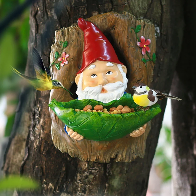 

Gnome Bird Feeder Statue Garden Resin Sculpture Birdfeeder For Outside Woodland Tree Hugger Decor Outdoor Figurine