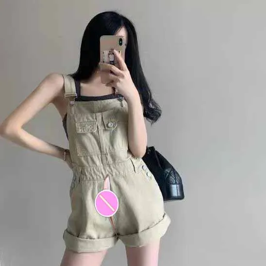Suspender Shorts Women's Invisible Open Crotch Outdoor Convenient Pants Tight Suspender Pants Five-Point Jumpsuit Denim Jumpsuit