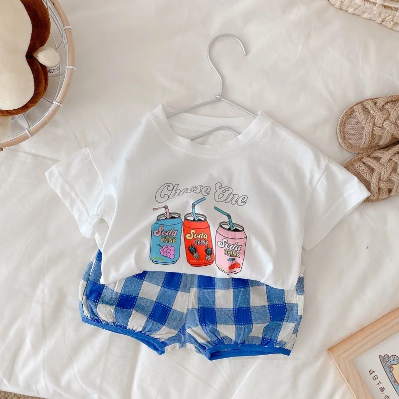 

0-4Years Toddler Kids Boy Girl Summer Clothes Short Sleeve Print Cotton T-shirt Tops Elastic Waist Plaid Shorts 2PCS Outfits