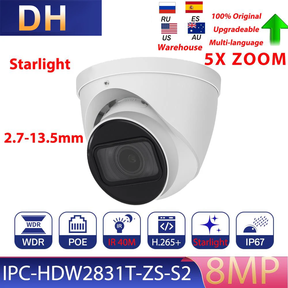 

DH Original IP Camera 5X Zoom Vari-focal 8MP Network Camera IPC-HDW2831T-ZS-S2 Starlight WDR PoE CCTV