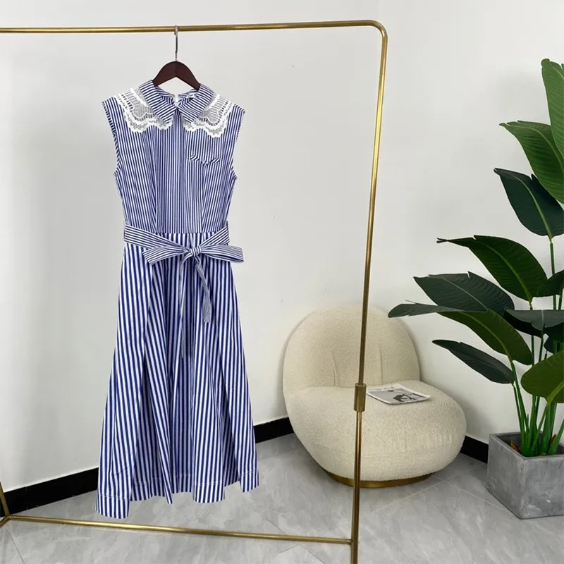 

Casual Blue White Stripe Dress Women High Quality Summer Hot Sale Ladies Sleeveless Designer Clothes