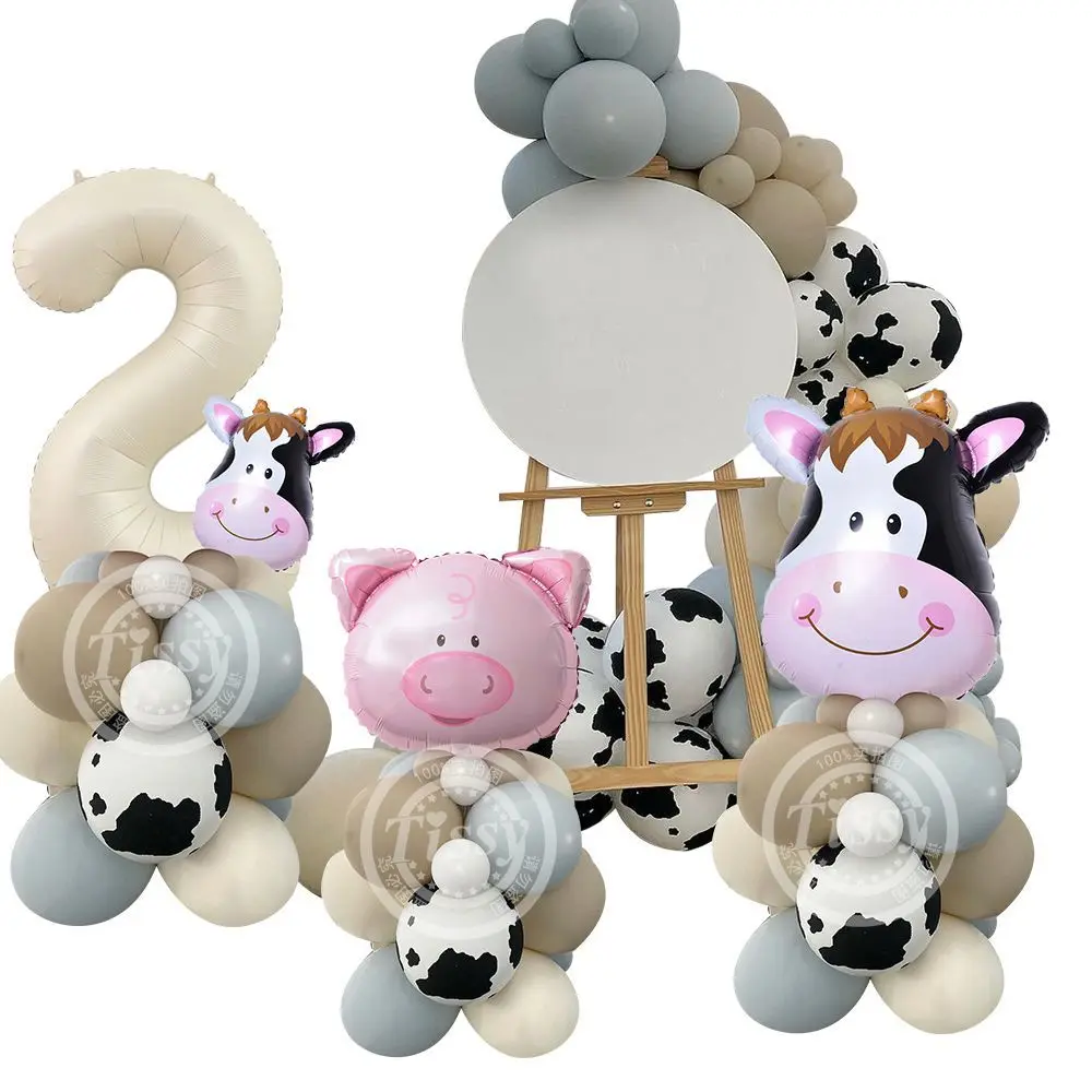 1set Farm Animal Balloon Carton Cow/Pig Balloons with Creamy Number Balloon for Kids Farm Animal Birthday Party Decorations