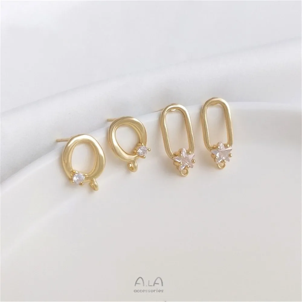

14K gold encrusted with pentagram zircon oval with sling ring stud 925 silver pin earrings DIY earring material