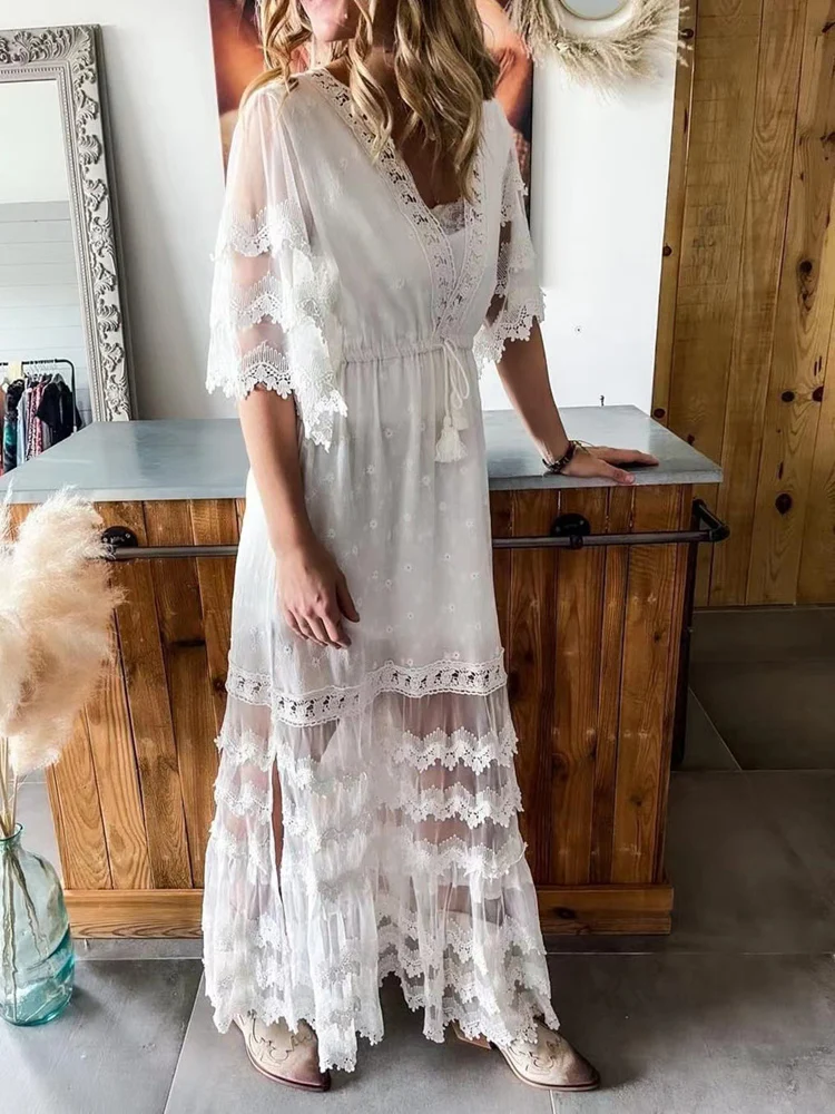 

Женское кружевное платье с кисточками, повседневное Свободное длинное пляжное платье с V-образным вырезом и рукавом до локтя для отпуска
