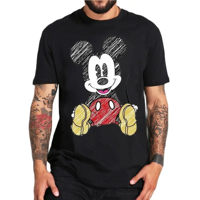 

Cotton Black T-shirt For Men Disney Mickey Mouse Pattern Women's T-shirt Anime Tops Summer Fashion Couples Section Short-Sleeved