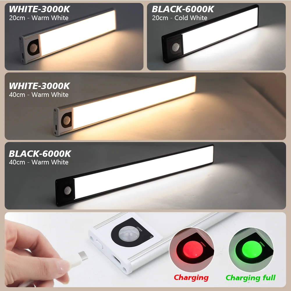 LED Cabinet Light Ultra-Thin Kitchen Lamp USB Rechargeable PIR Motion Sensor 20/40cm Bedroom Closet Wardrobe Night |