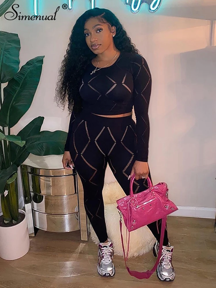 

Simenual Pole Hollow Out Solid Set Woman 2 Pieces Long Sleeve O-neck Knitted Crop Top with Elasitc Waist Legging Y2k Tracksuits
