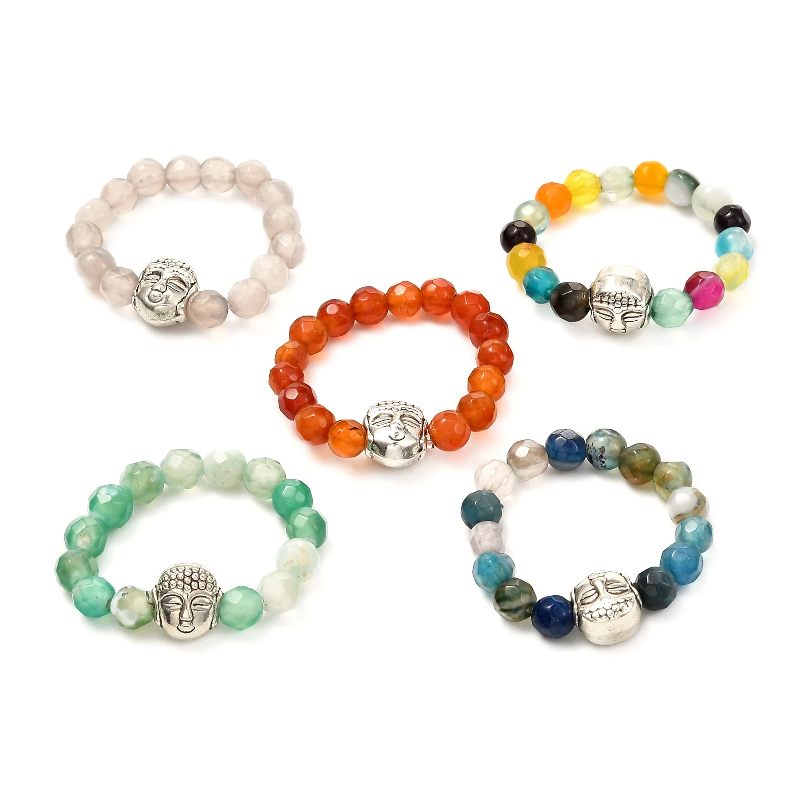 

30pcs Bohemian Handmade Natural Stone Agate Beads Rings with Alloy Buddha Bead Adjustable Stretch Ring for Girl Women US Size 8