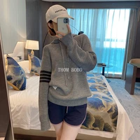 2022 autumn new hooded tb four bar long sleeved striped loose wild pullover knitted sweater casual top