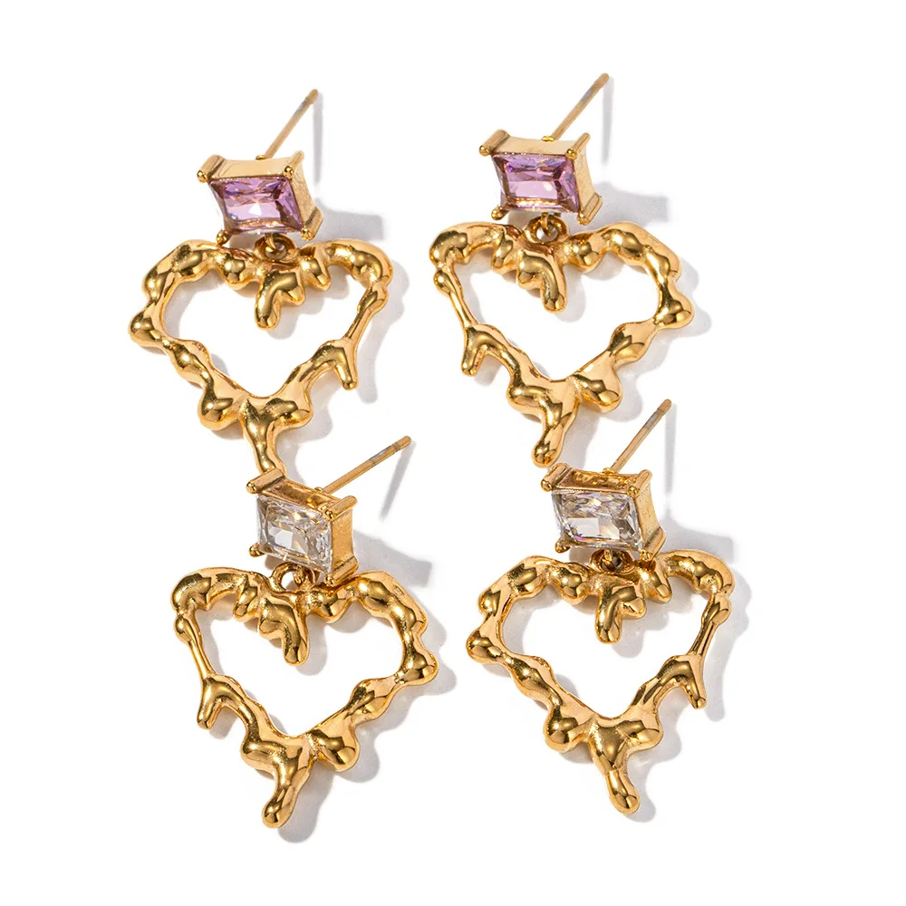 

Stainless Steel PVD 18K Gold Plated Tarnish Rhinestoned Irregular Heart Earrings For Woman Jewelry Wholesale 2023 Trendy