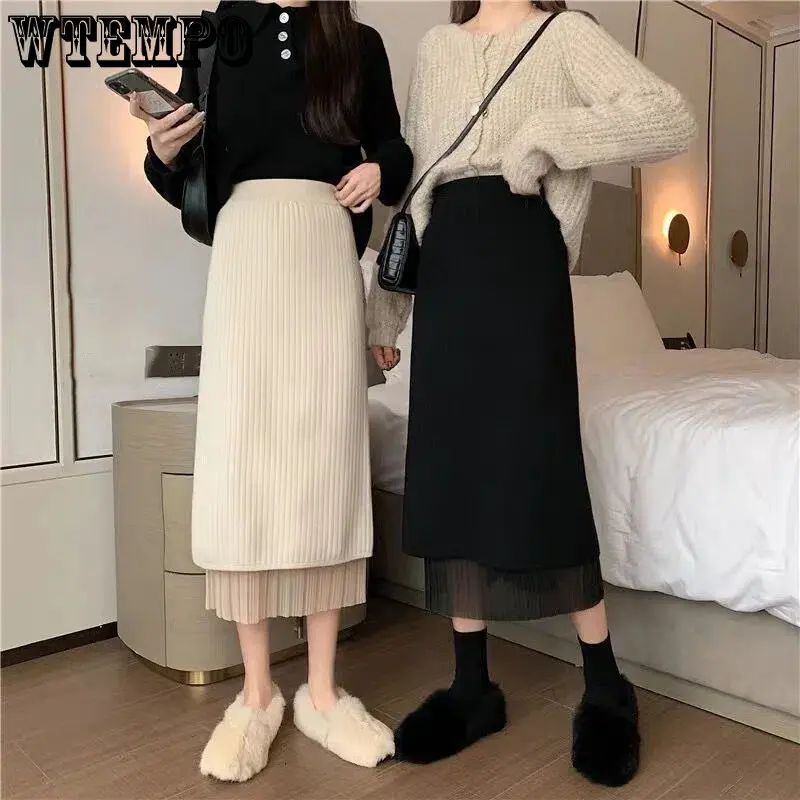 

WTEMPO Gauze Pleated Knitted Skirts Women's Fall Winter Mid-length A-line Hip Skirts Fashion Casual Black Beige Reversible Skirt