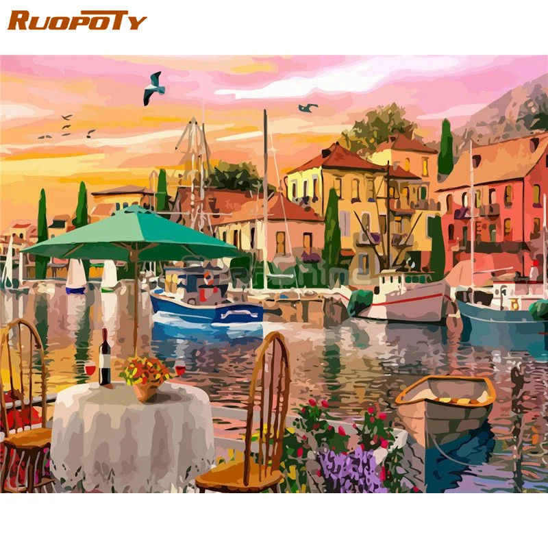 

RUOPOTY 60x75cm Painting by numbers Scenery Handpainted Canvas painting Town Coloring by numbers Home decor Unique Gift