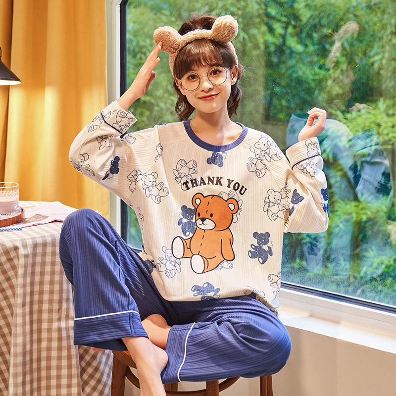 new style pajamas female long sleeve cotton cartoon cute spring and autumn simple girls can wear home clothes