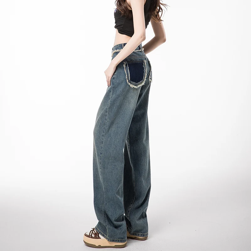 Fashion Versatile Straight Trousers Light Color Jeans Women'S Spring Summer New High-Waisted Color Contrast Wide Leg Pants