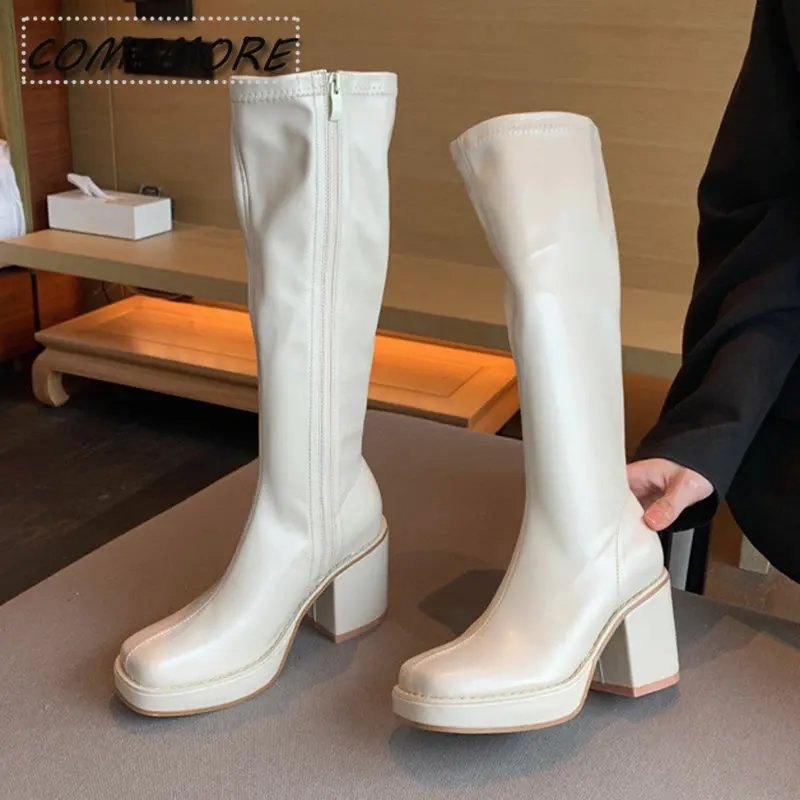 

Long Boots Luxury Brand Designer Square Toe Boots Woman Knee High Casual Platform Fashion Zip Cool Knight Bootties Ladies Shoes