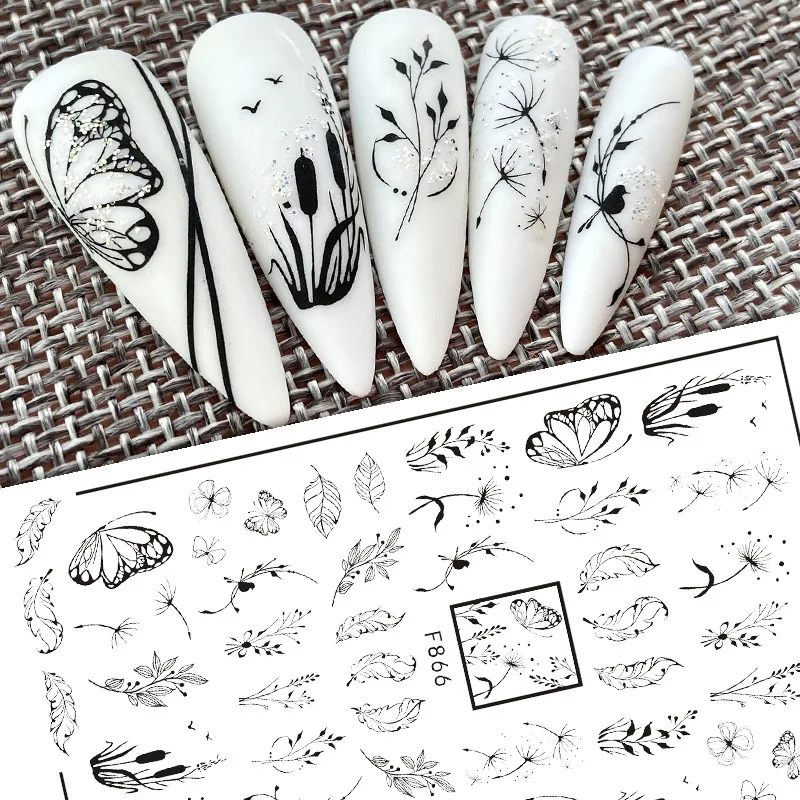 

10PCS Black White Leaves Flower 3D Nail Sticker Geometric Alphabet Butterfly Adhesive Transfer Sliders Manicure Wraps Nail Supp